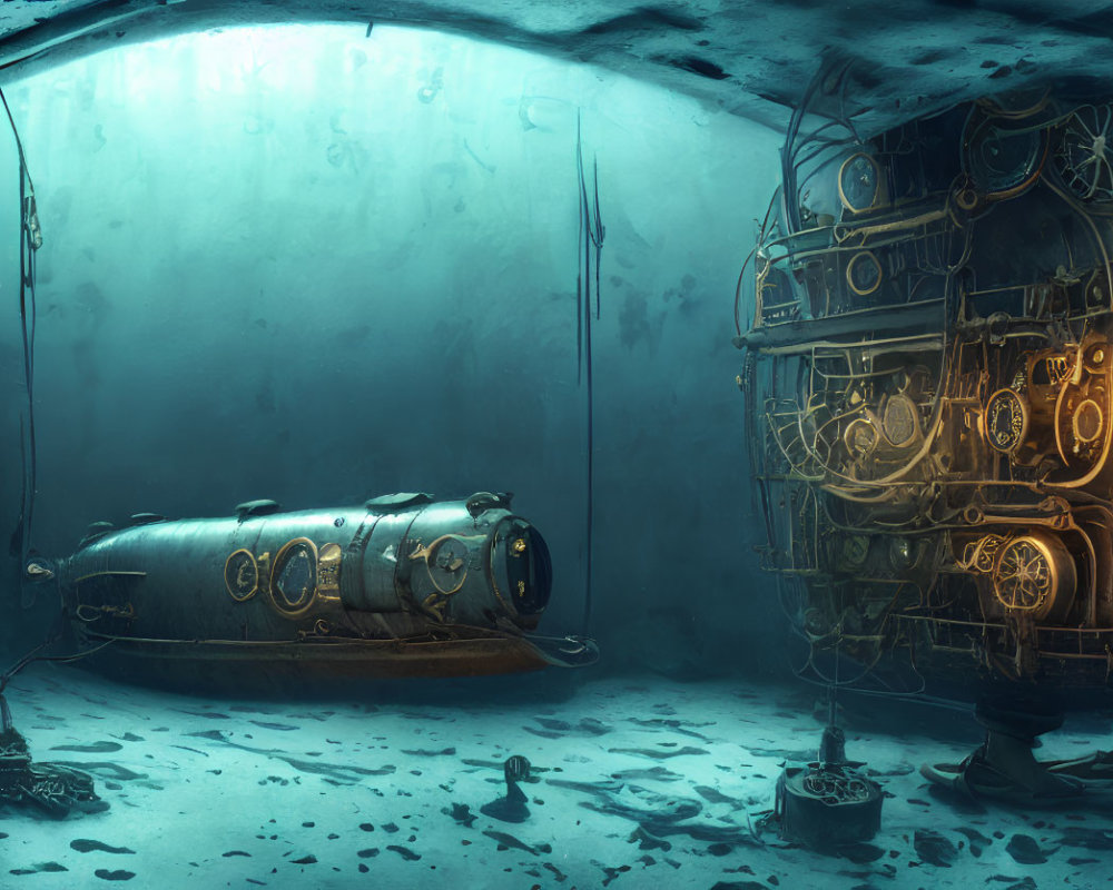 Vintage submarine and mechanical debris in underwater scene.