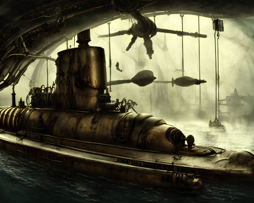 Steampunk submarine at underwater station with ambient lighting & equipment.