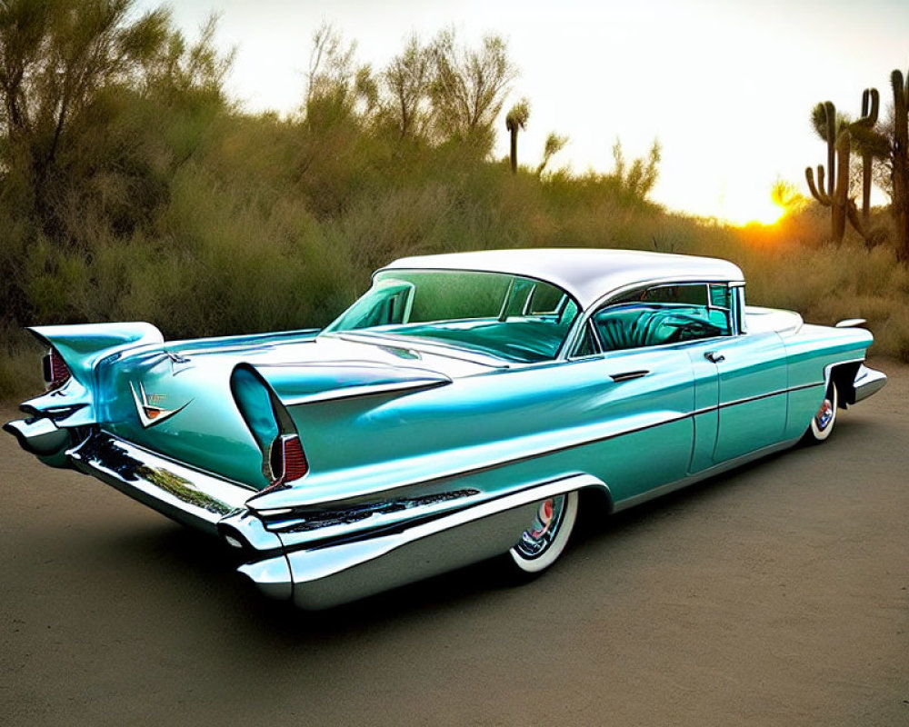 Classic Turquoise and White Car with Tailfins in Desert Sunset Scene