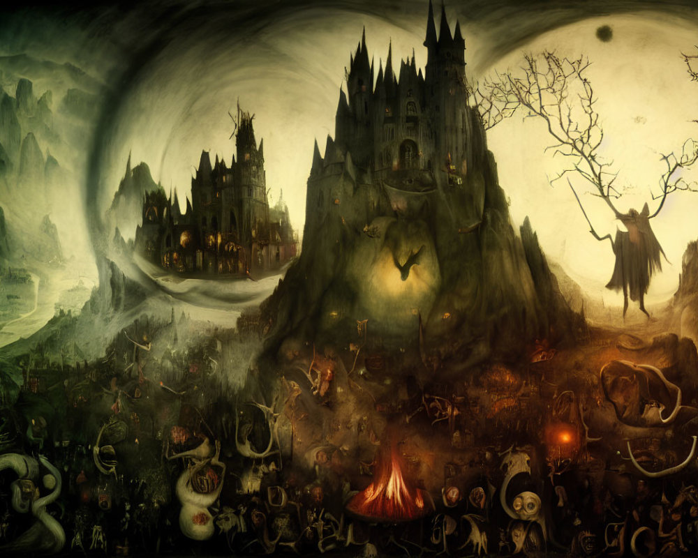 Dark Fantasy Landscape with Spooky Castle, Eerie Trees, and Moon