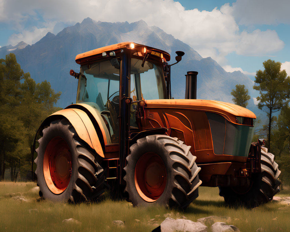 Orange tractor in grassy field under vivid sky with mountains