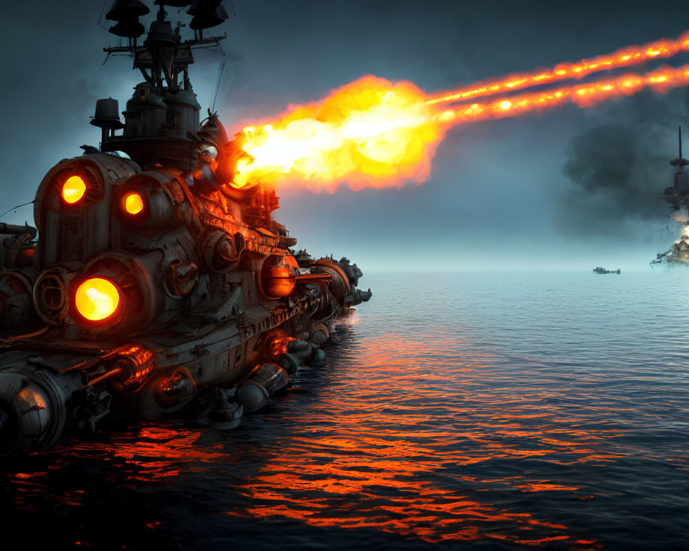 Steampunk battleship firing orange beam at sea.