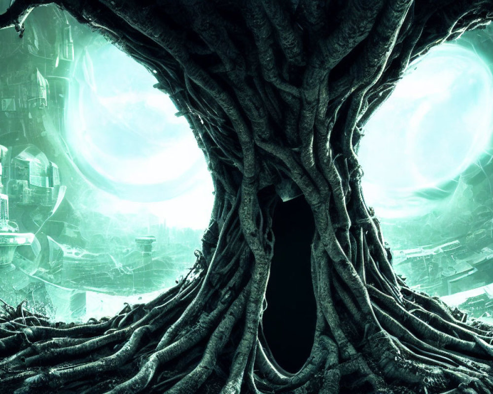 Massive hollow tree trunk against futuristic city backdrop with glowing structures