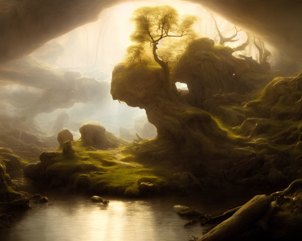 Mystical forest scene with golden light, moss-covered rocks, and serene water