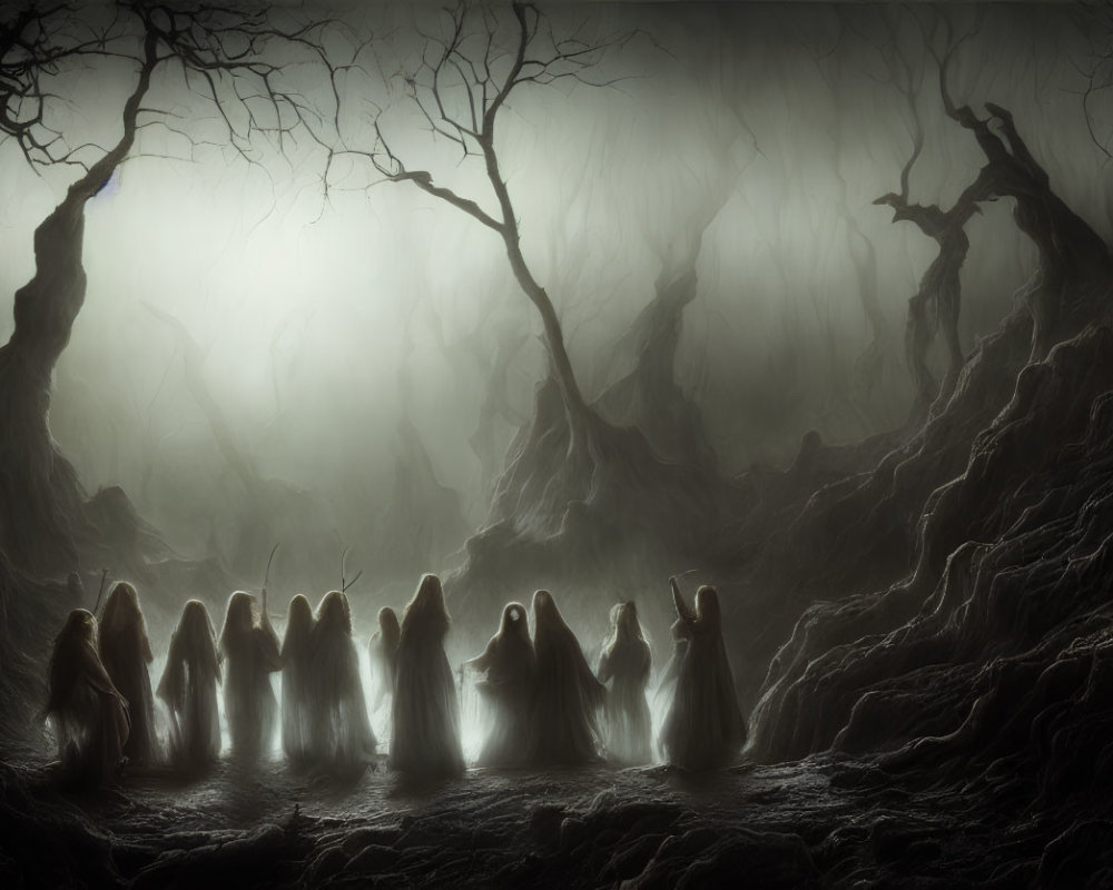 Cloaked Figures in Misty, Twisted Forest