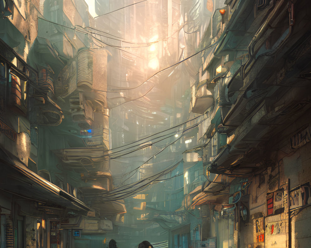 Futuristic cyberpunk alley with towering buildings and neon signs