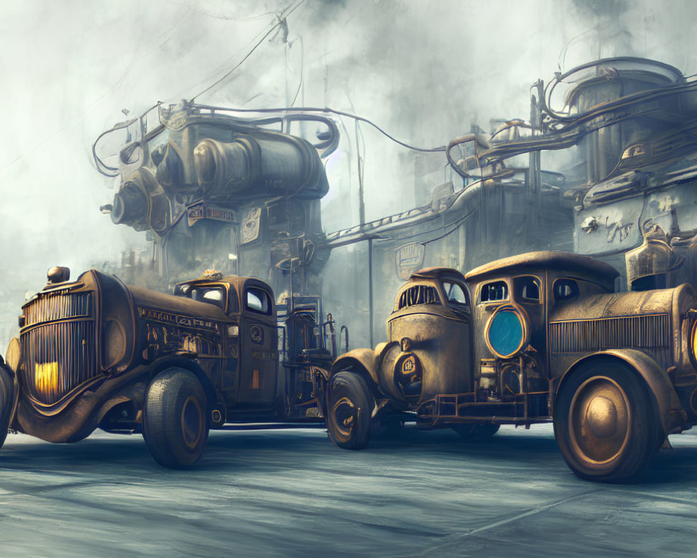 Stylized vintage cars in steampunk industrial setting