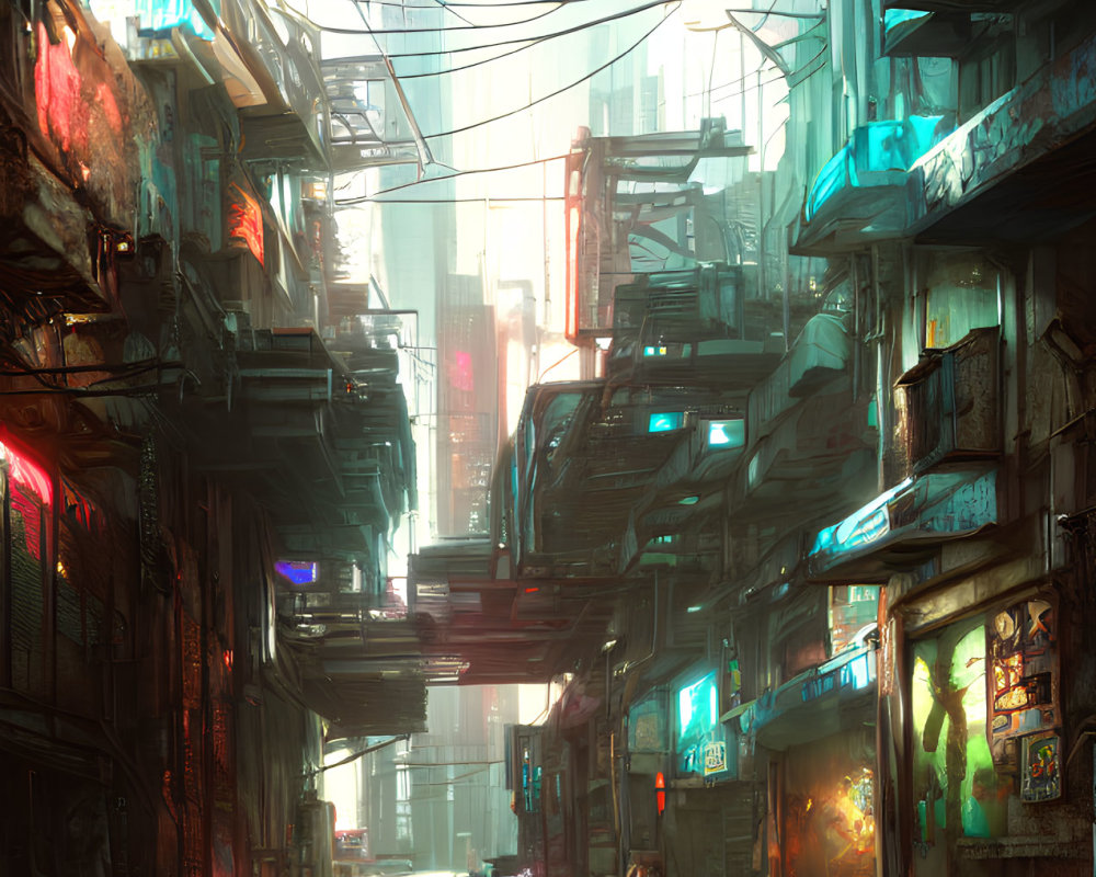 Futuristic neon-lit city alley with high-rises and holographic signs