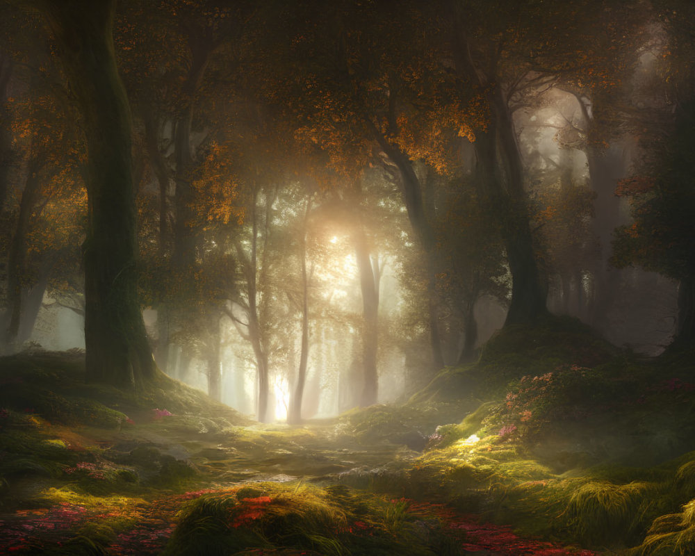 Mystical forest with sunbeams, mist, and autumn colors