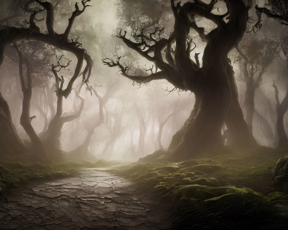 Enchanted forest path with twisted trees and green moss