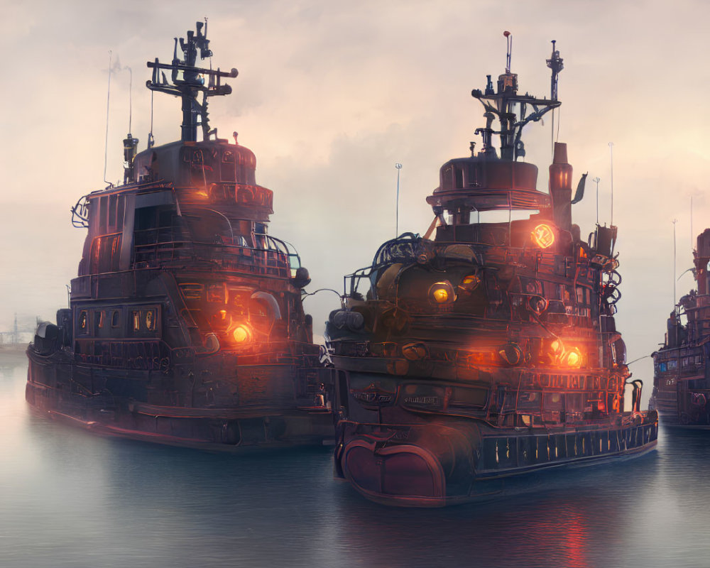 Futuristic industrial ships with glowing lights in twilight harbor