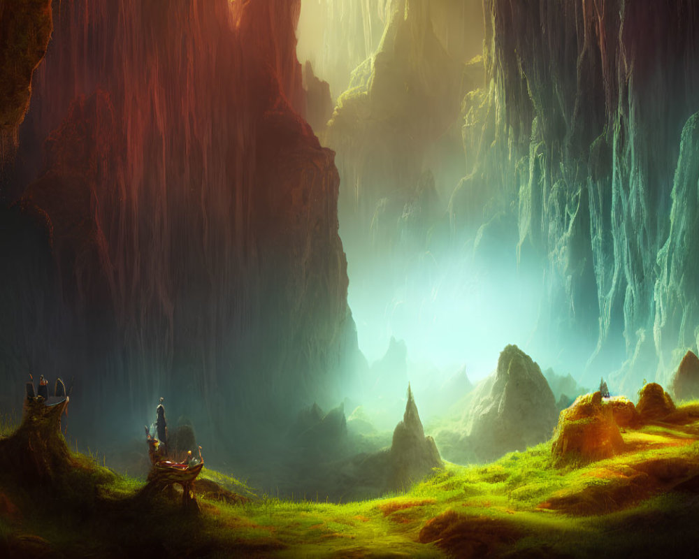 Mystical cave with ethereal light, lush greenery, waterfalls, and serene figures