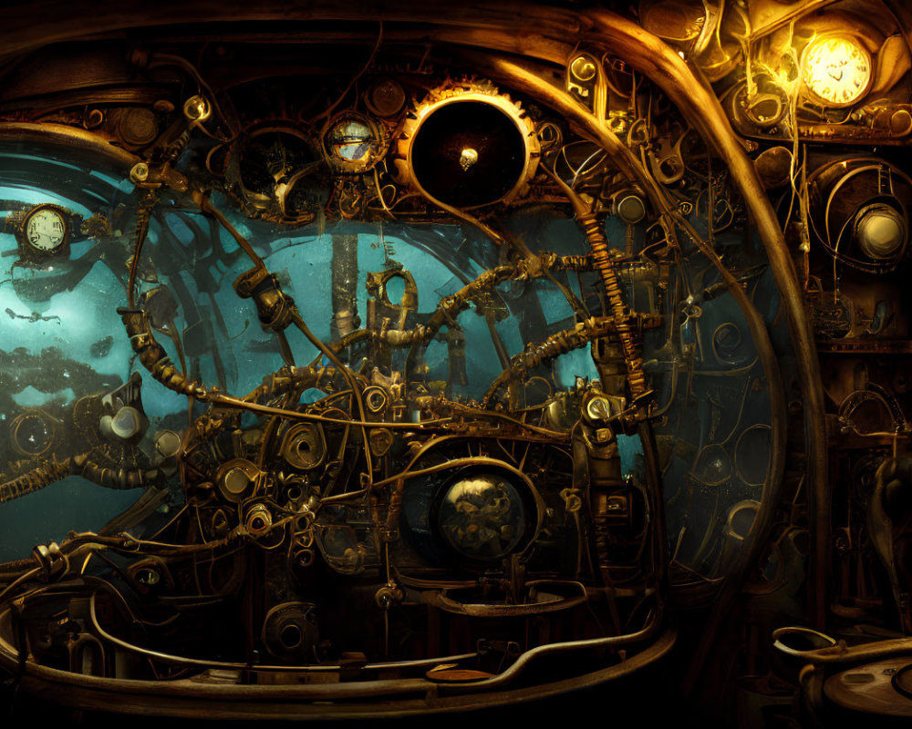 Steampunk submarine cockpit with brass gears, dials, pipes & undersea view