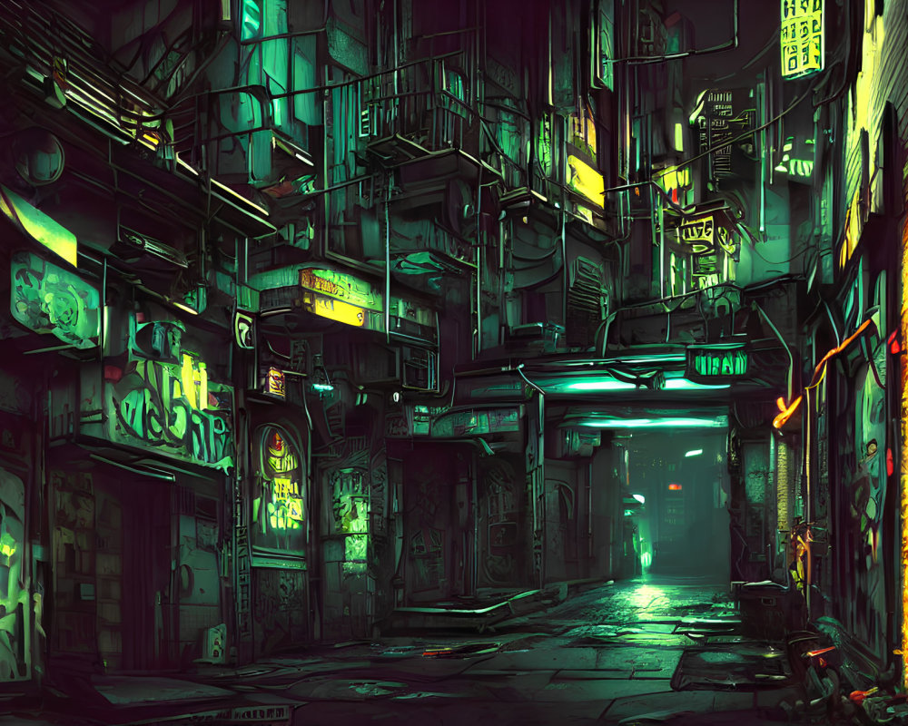 Neon-lit cyberpunk alleyway with urban buildings and glowing signs