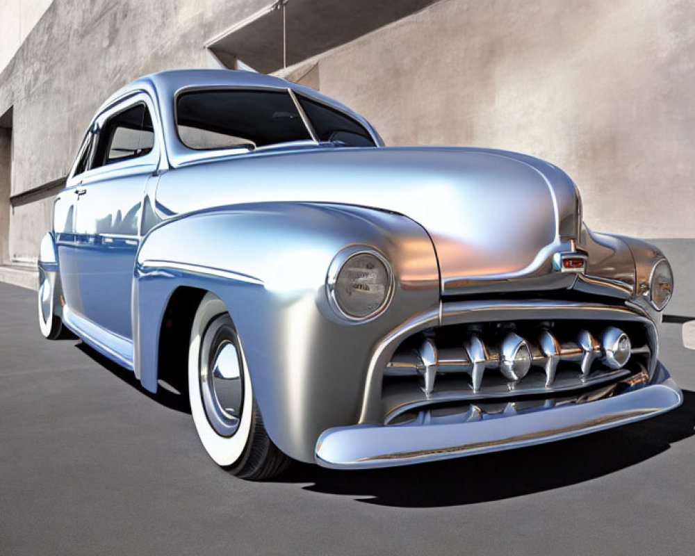 Vintage silver car parked on concrete under clear sky