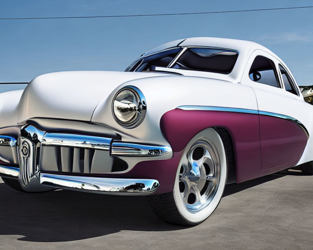 Vintage Car with White & Purple Paint, Chrome Grille, Custom Wheels, Parked Under Blue Sky