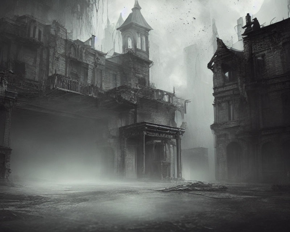 Desolate urban scene with mist-covered dilapidated buildings