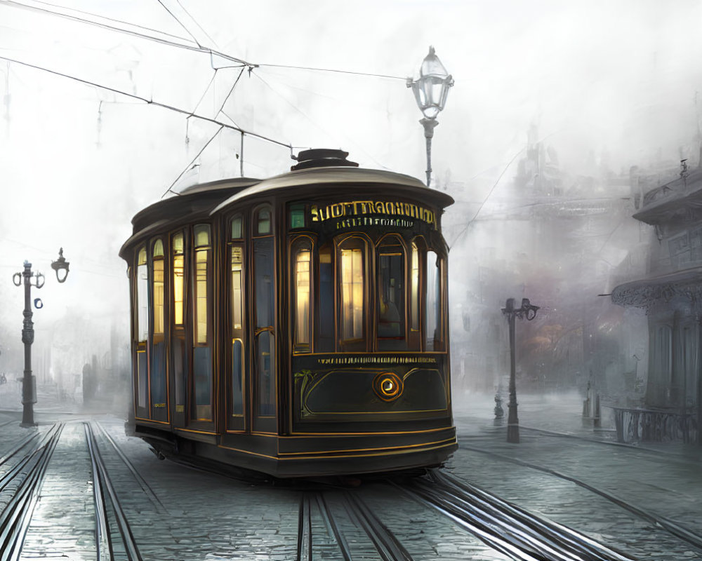 Vintage Tram on Misty Cobblestone Street with Streetlights and Old Buildings