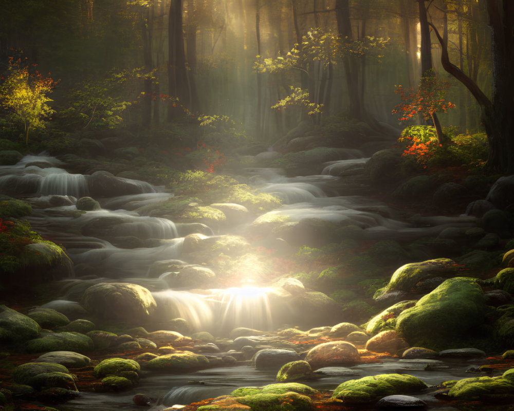 Misty forest scene with sunbeams, moss-covered rocks, stream, and autumn foliage