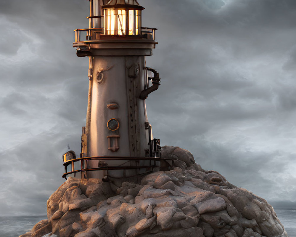 Stormy sky over rocky lighthouse with crashing waves