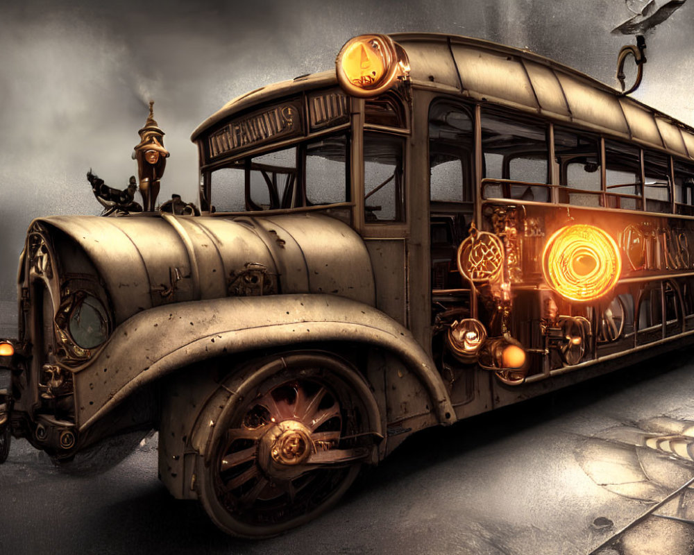 Vintage-Style Steam-Powered Bus with Brass Details and Glowing Lights on Cobblestone Surface