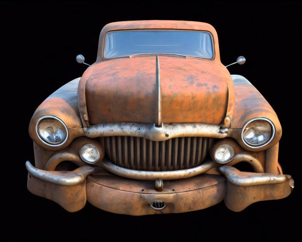 Vintage Rusty Car with Smiling Face-Like Front on Black Background