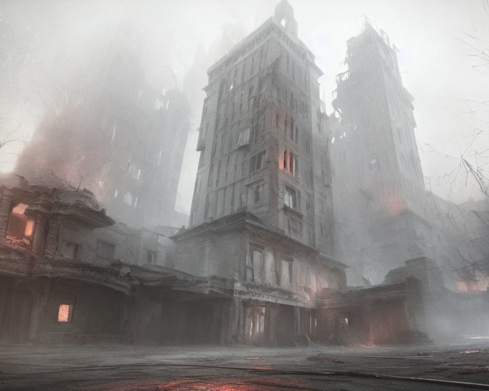 Dystopian cityscape with fog and dilapidated buildings