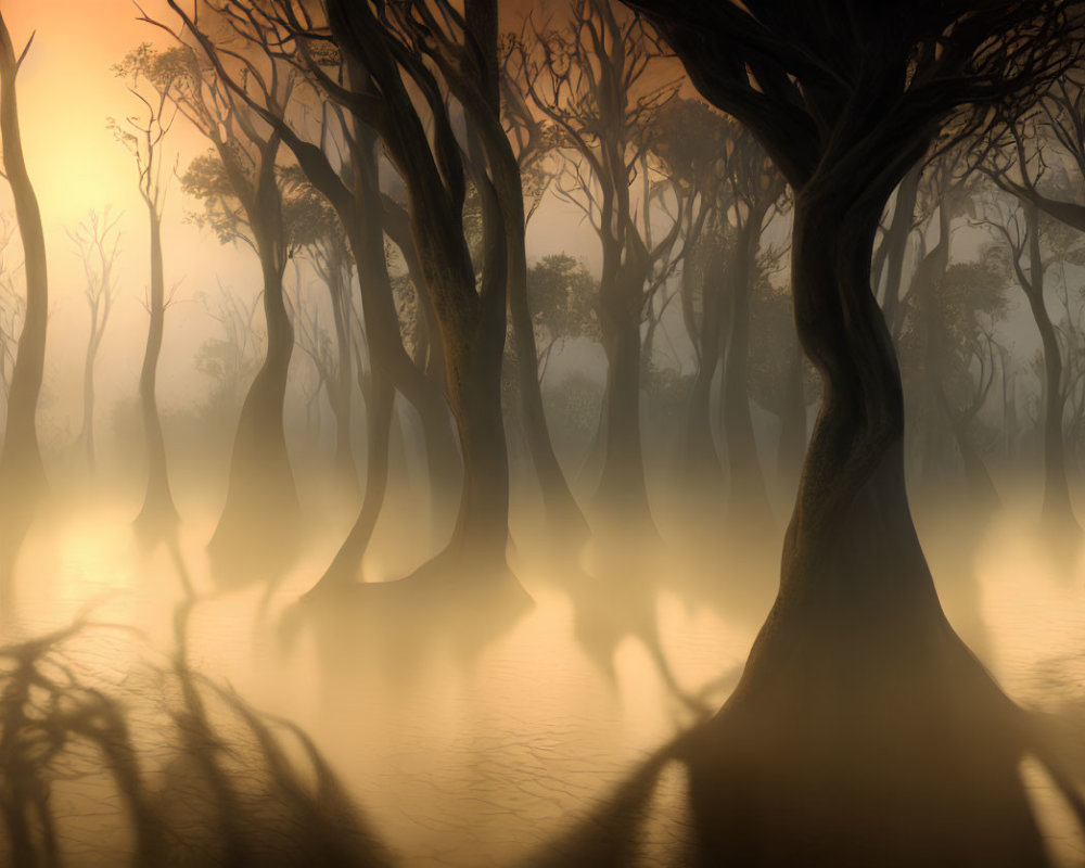 Silhouetted Twisted Trees Reflecting in Tranquil Sunset Forest