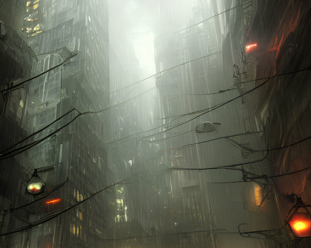 Foggy cyberpunk cityscape with neon lights and rain