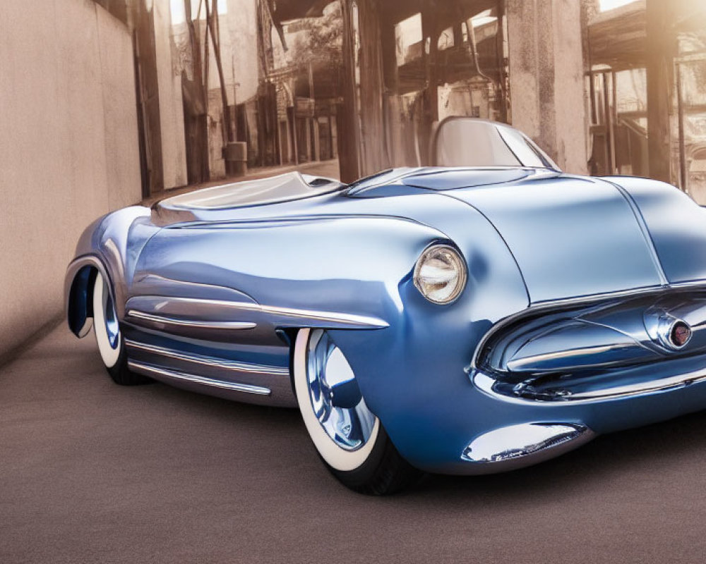 Vintage Concept Car: Shiny Blue with Chrome Accents on Textured Surface