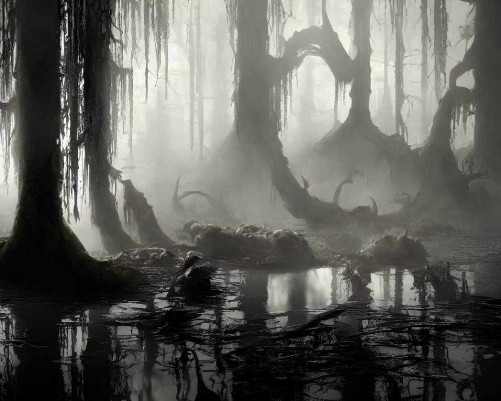 Misty swamp with gnarled trees and fog-shrouded forest