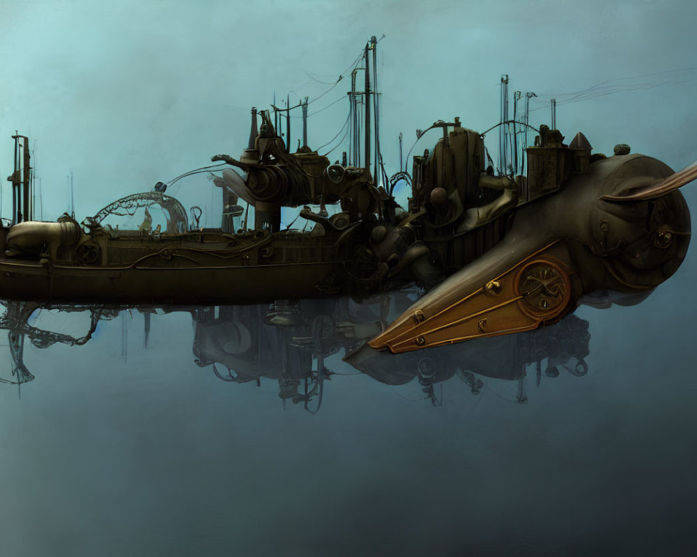 Steampunk-style submarine with intricate machinery and propellers in misty environment