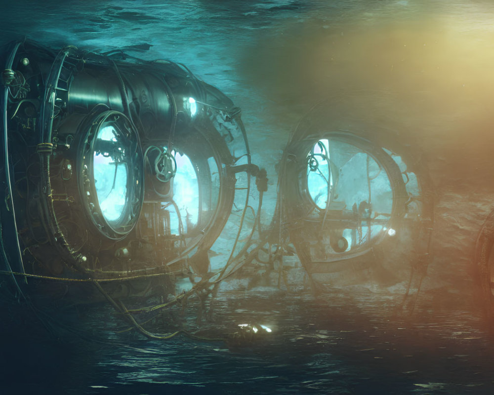 Underwater spherical structures with portholes connected by cables in a blue-green environment