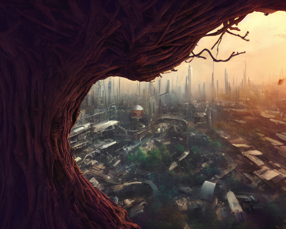 Futuristic cityscape contrasted with ancient tree in warm light