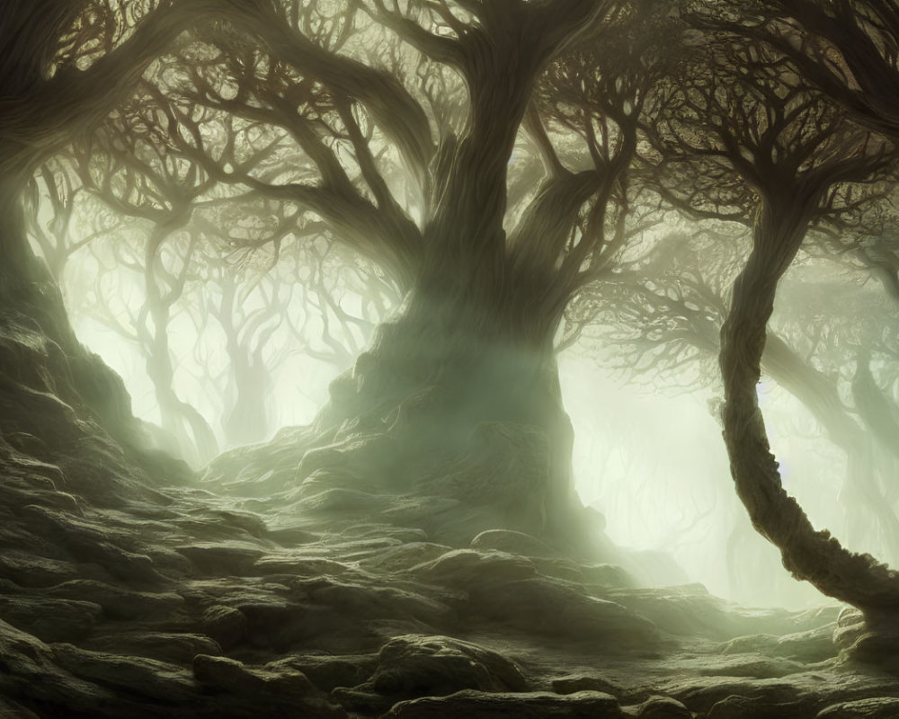 Misty forest with gnarled trees and intertwining branches