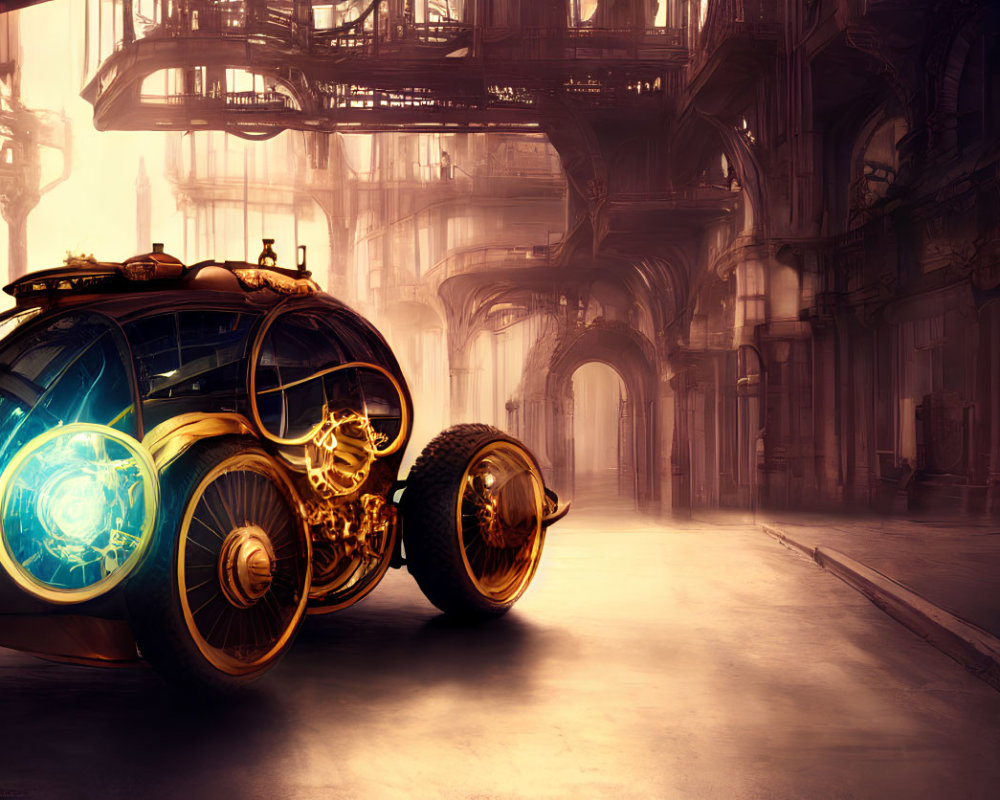 Steampunk-style vehicle with gold detailing in industrial cityscape