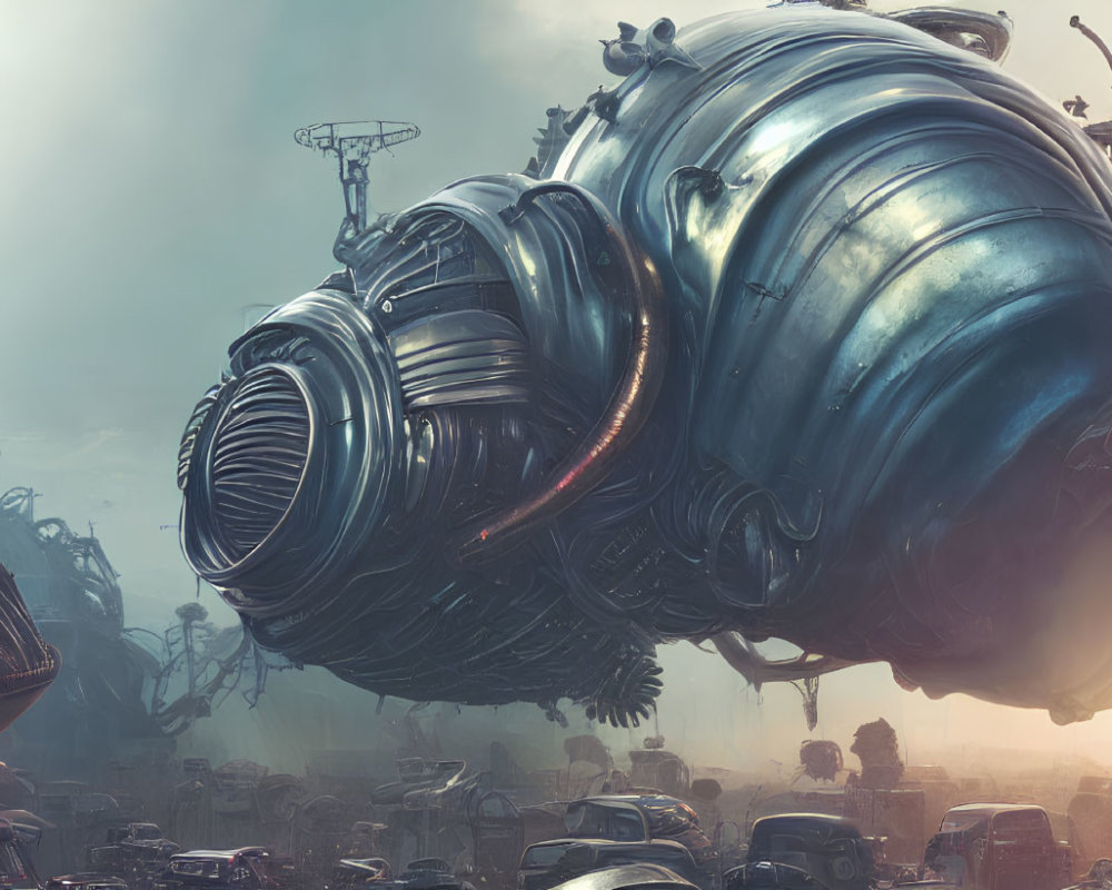 Sci-Fi Scene: Large Metallic Spherical Machines Over Desolate Landscape