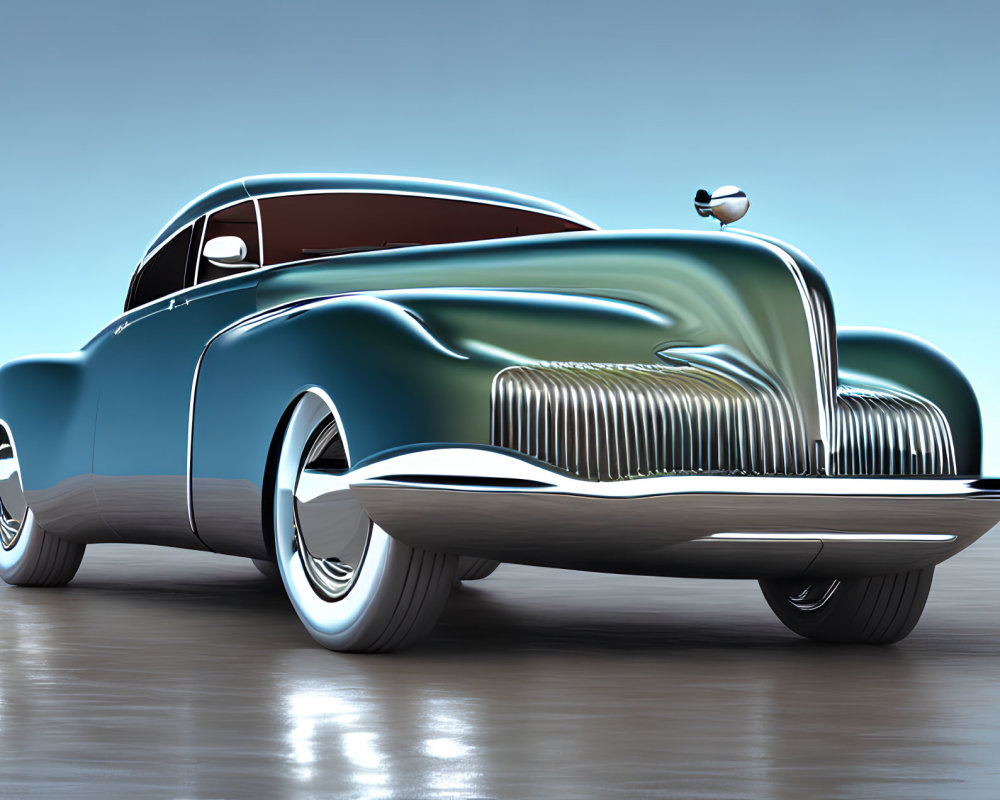 Vintage Car 3D Rendering: Teal Paint, White-Wall Tires, Prominent Gr