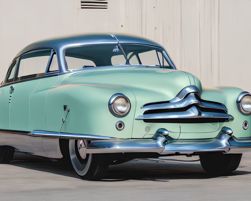 Classic Light Blue Car with Chrome Details and White-Wall Tires Parked by Beige Building