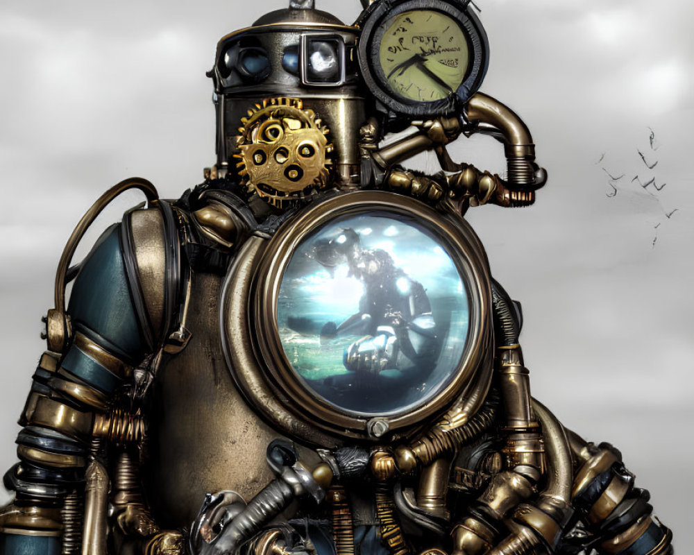 Steampunk-style robot with gears and pipes under cloudy sky