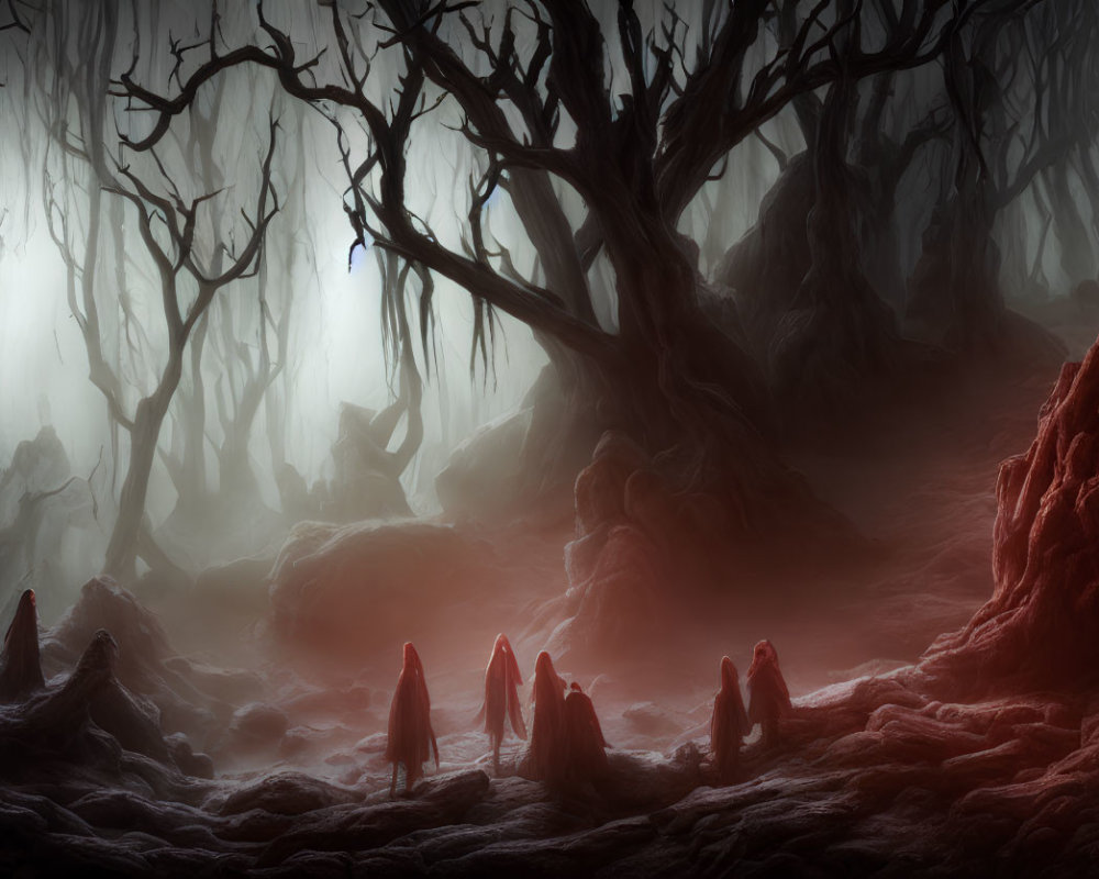 Mystical forest with gnarled trees and dark figures in foggy setting