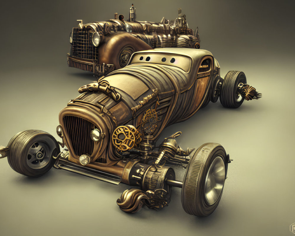 Steampunk-style hot rod with exposed engine and brass accents