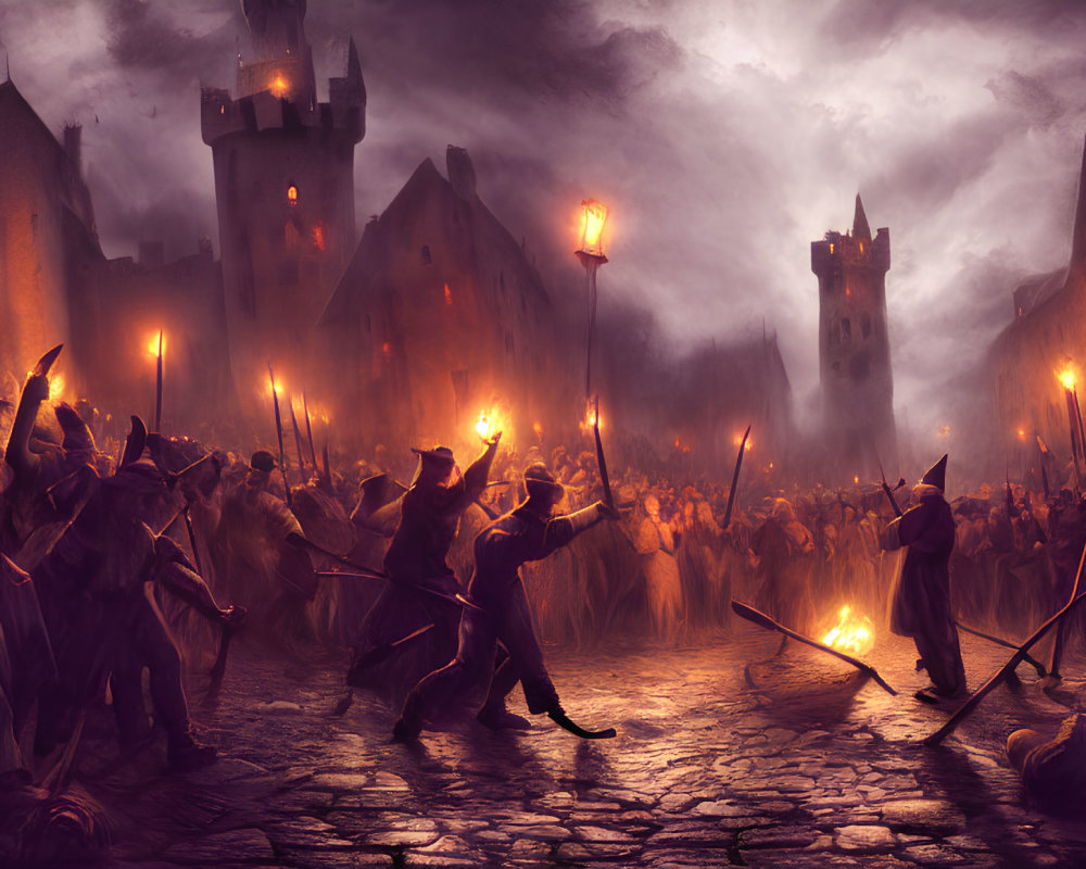 Medieval mob with torches and pitchforks in foggy cobblestone square