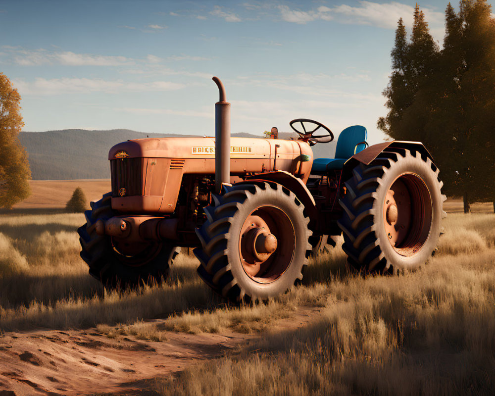 Vintage orange tractor in field at sunset with tall grass and trees