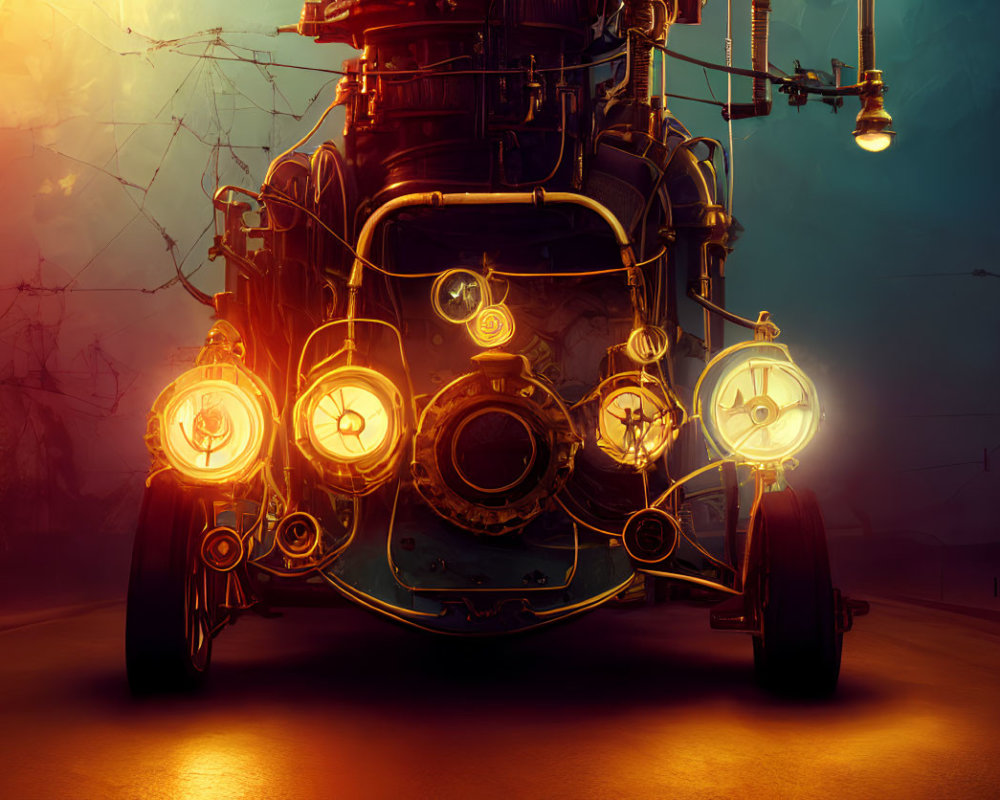 Steampunk vehicle with glowing lights in dystopian setting