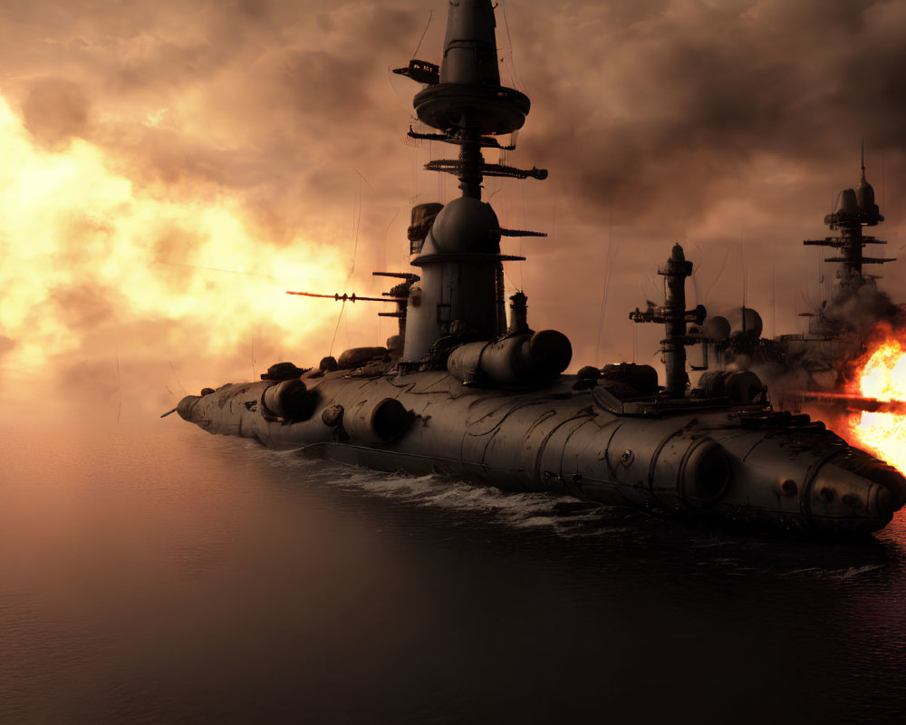 Warships with large cannons in smoky battlefield, one firing orange blaze on tumultuous sea under ominous