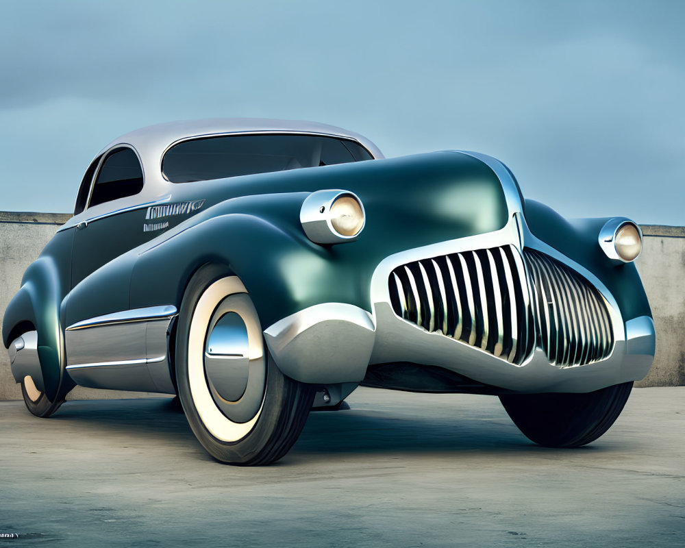 Vintage teal car with front grille parked on concrete surface