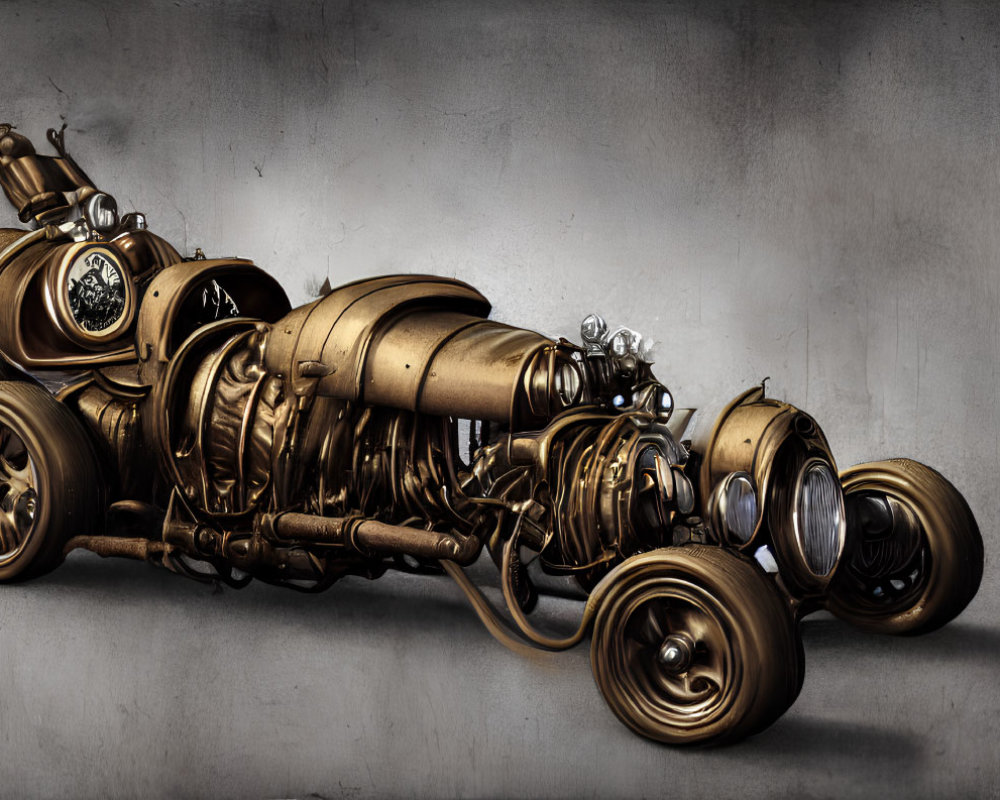 Steampunk-style vehicle with brass detailing on grey backdrop