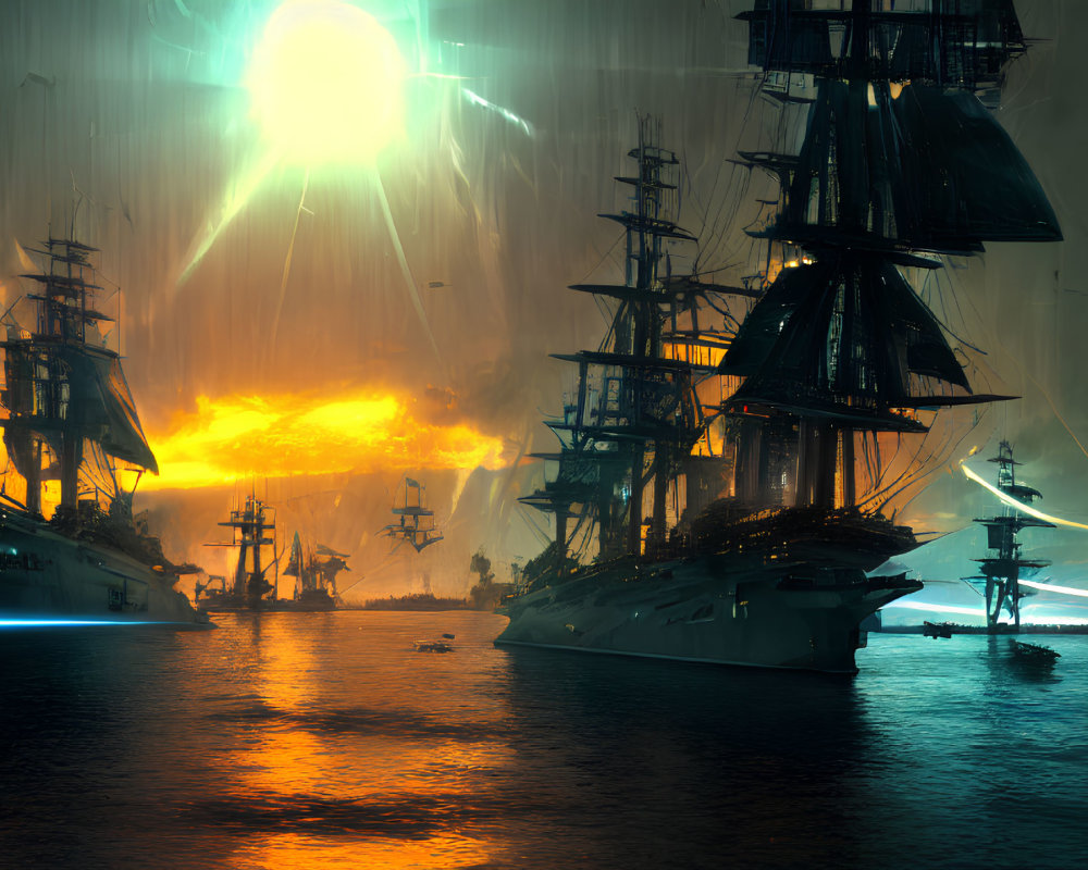 Futuristic sailing ships anchored in harbor at sunset