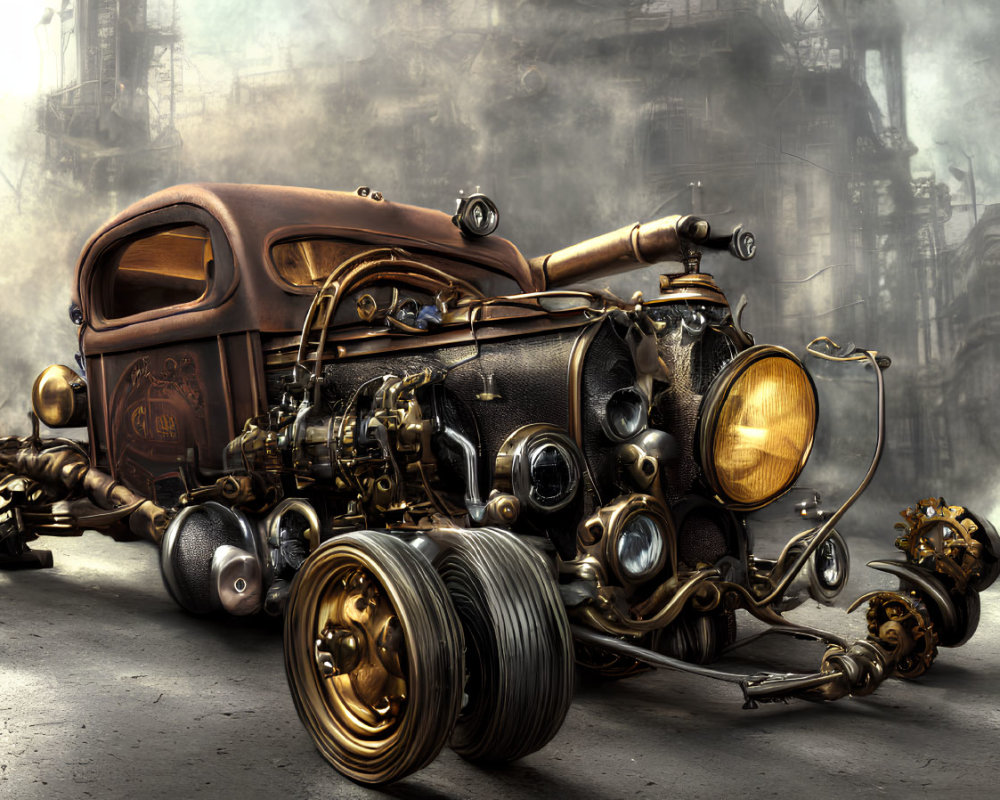 Steampunk-inspired vehicle with brass details in industrial setting